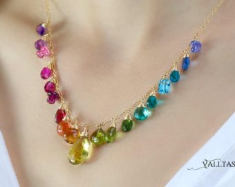 - Solid Gold 14K Rainbow Multi Gemstone Necklace, Precious Drop Necklace