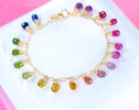 - Rainbow Multi Sapphire Bracelet, Precious Gemstone Drop Bracelet in Gold Filled