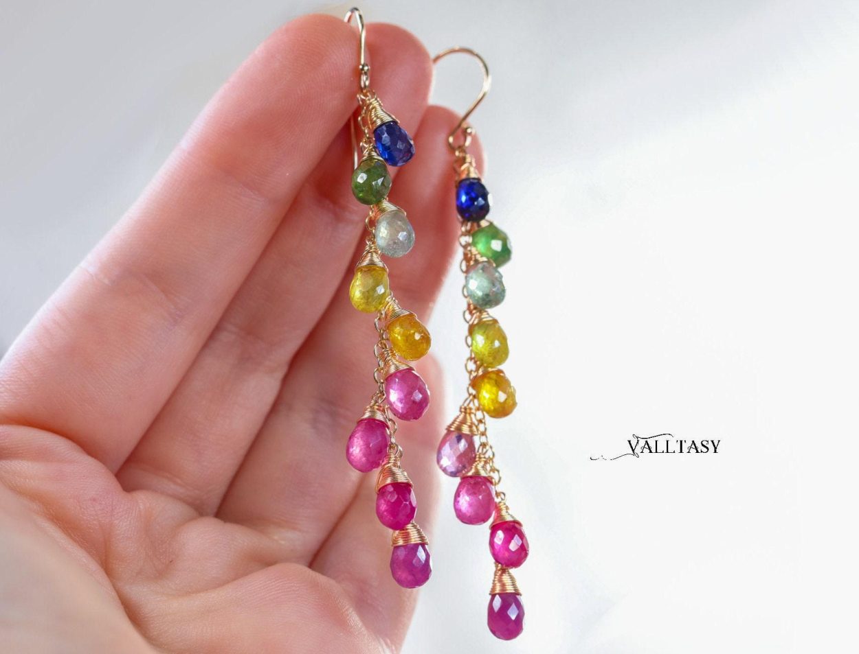 - Solid Gold 14K Rainbow Multi Sapphire Earrings, Precious Gemstone Drop Earrings