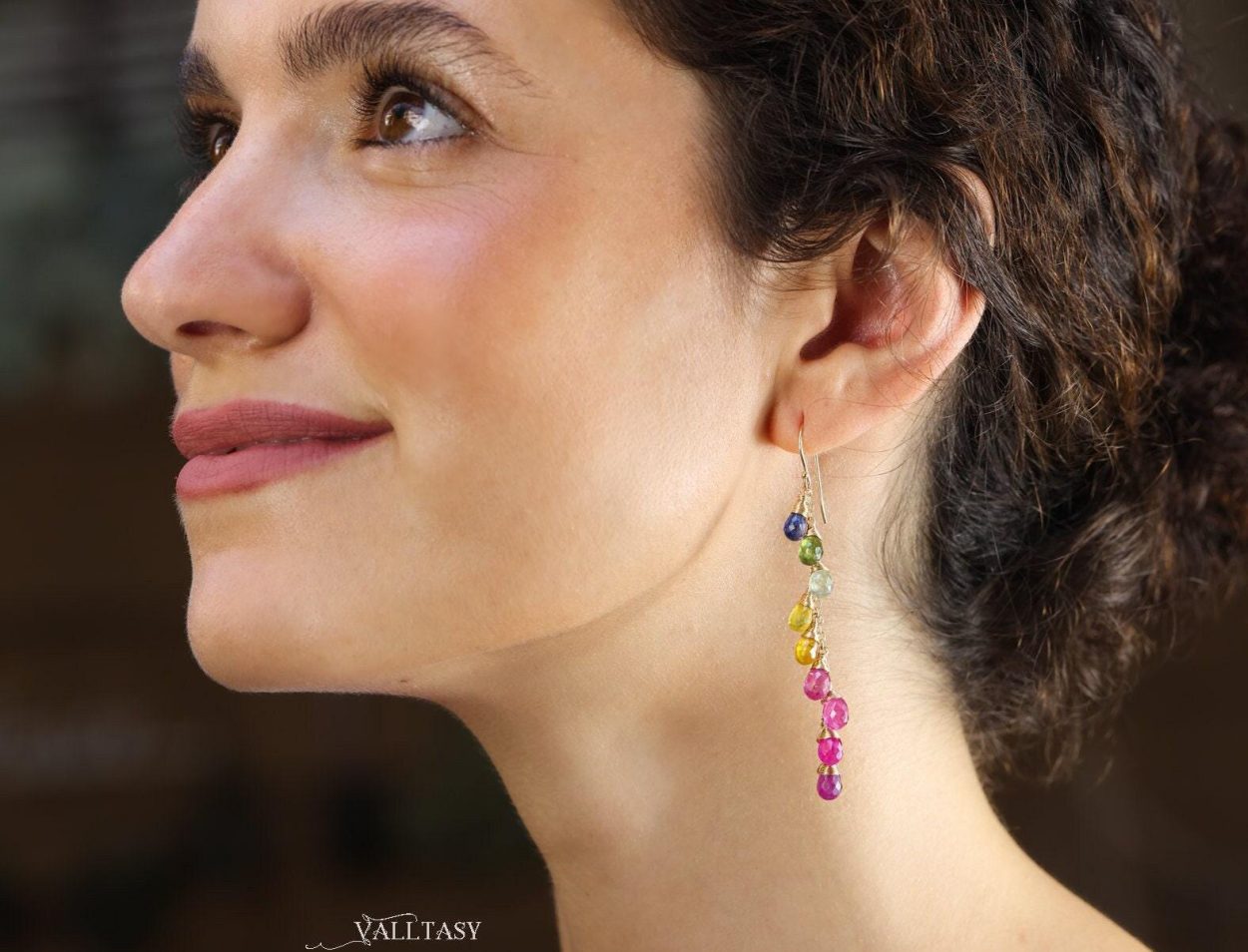 - Rainbow Multi Sapphire Earrings, Precious Gemstone Drop Earrings in Gold Filled