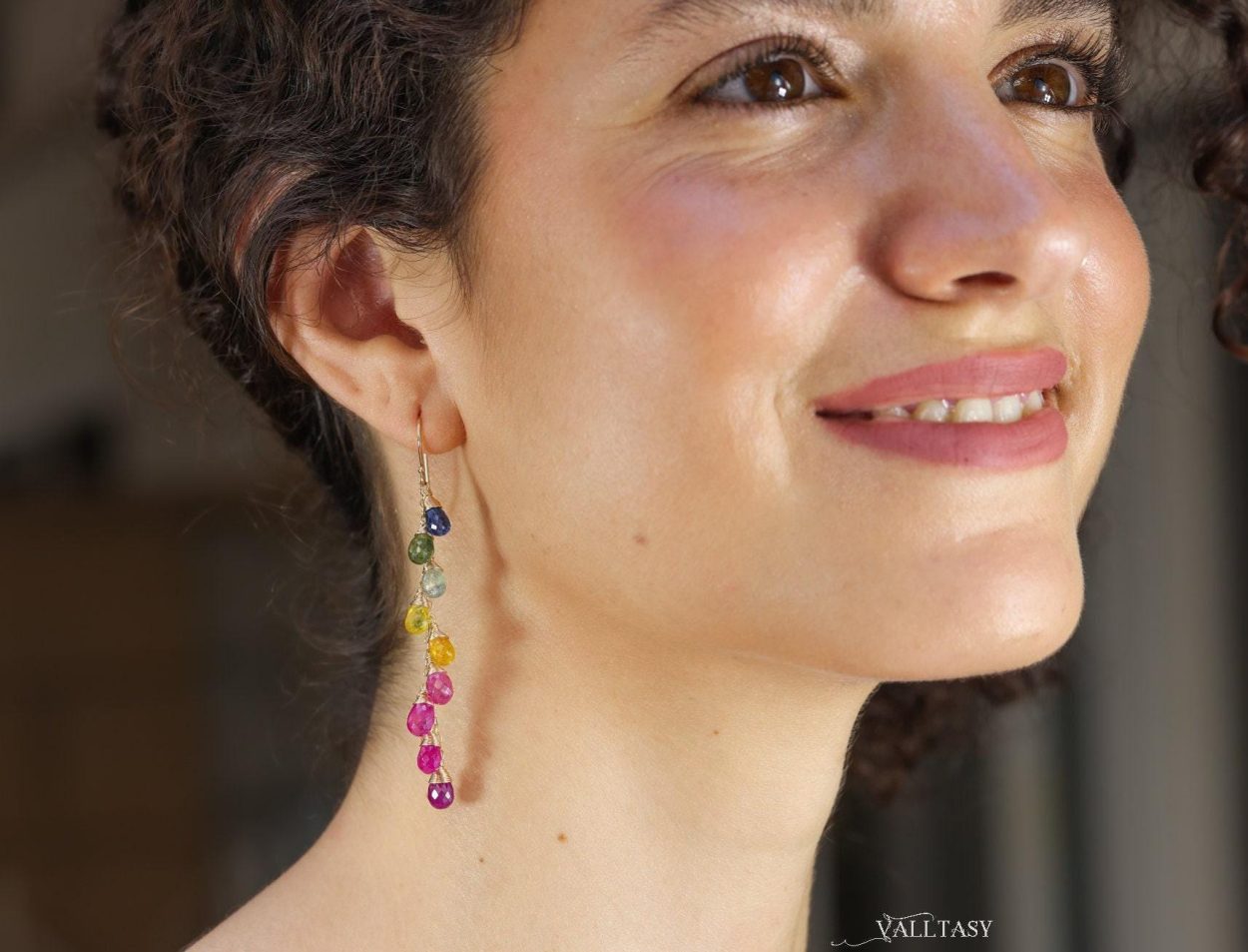 - Rainbow Multi Sapphire Earrings, Precious Gemstone Drop Earrings in Gold Filled