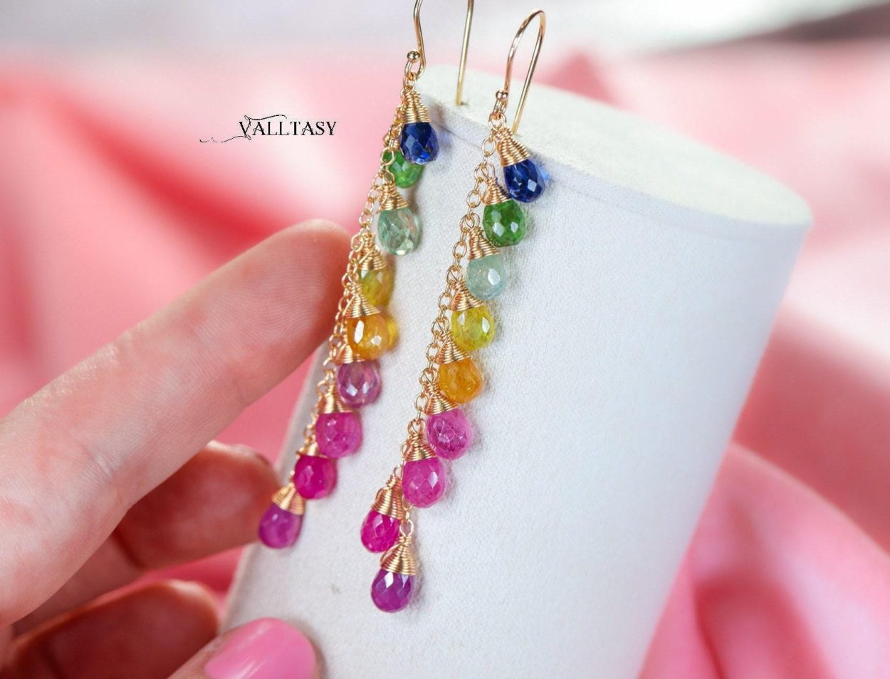 - Rainbow Multi Sapphire Earrings, Precious Gemstone Drop Earrings in Gold Filled