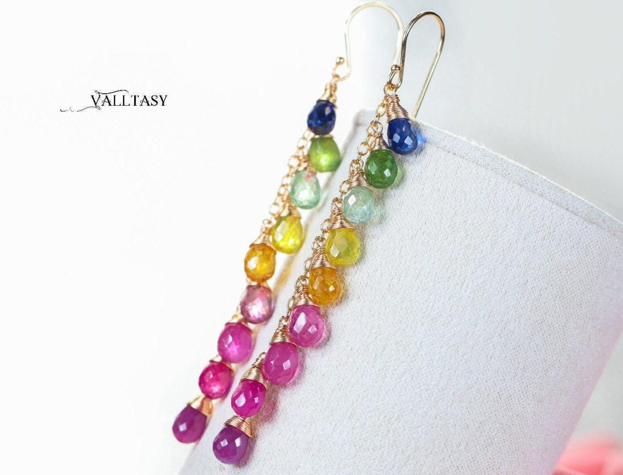 - Rainbow Multi Sapphire Earrings, Precious Gemstone Drop Earrings in Gold Filled