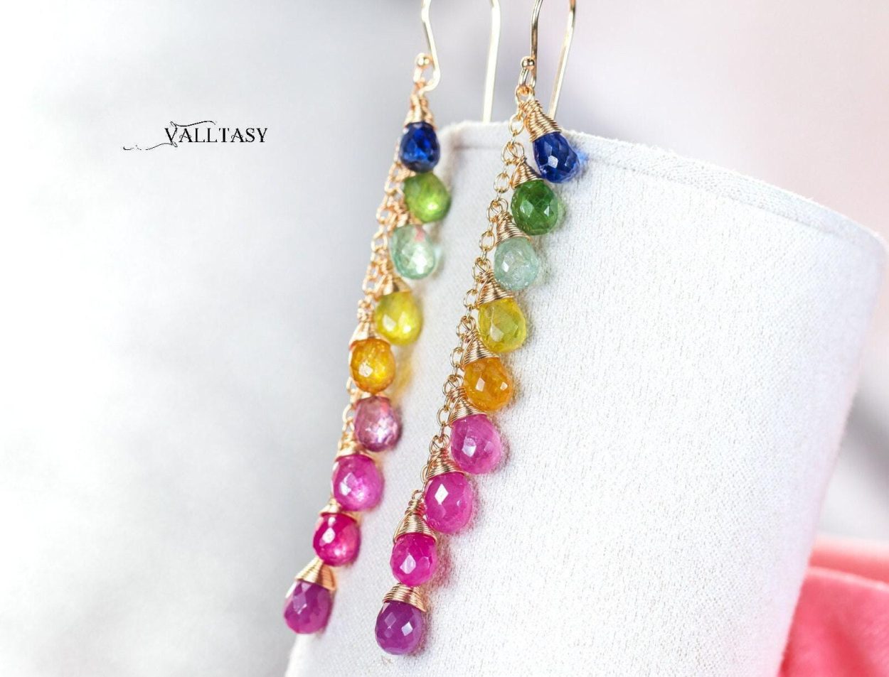 - Rainbow Multi Sapphire Earrings, Precious Gemstone Drop Earrings in Gold Filled