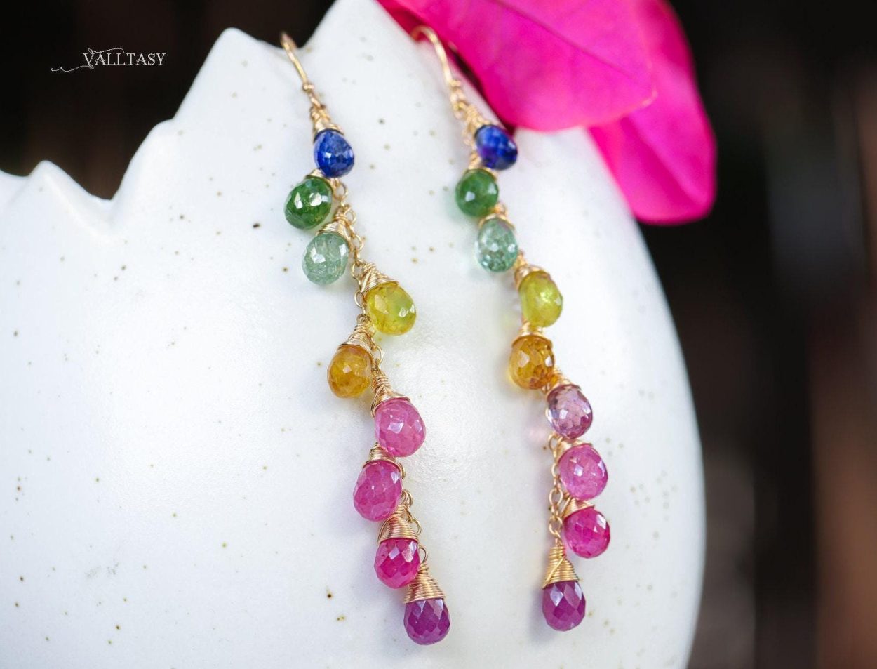 - Rainbow Multi Sapphire Earrings, Precious Gemstone Drop Earrings in Gold Filled