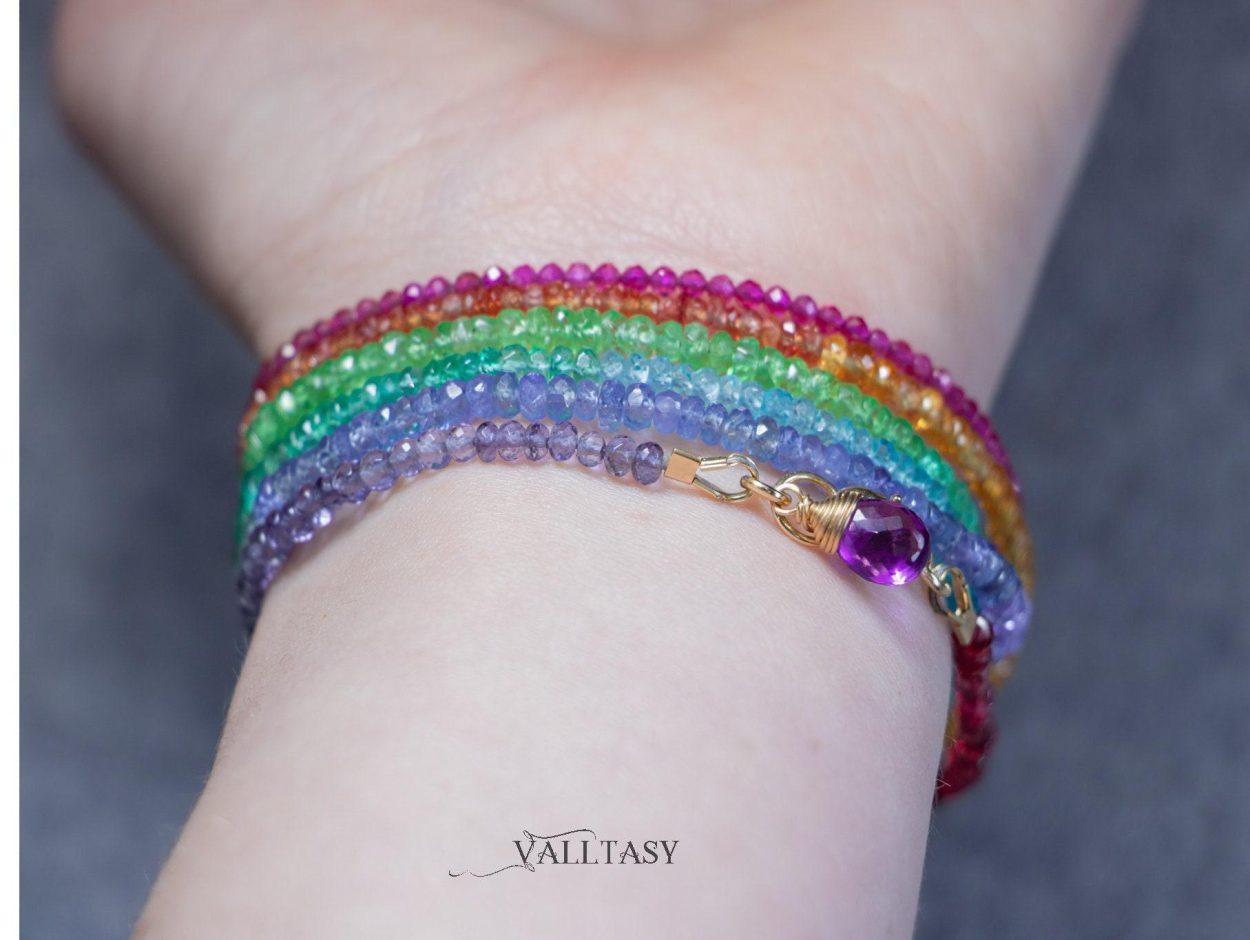 - Solid Gold 14K Rainbow Multi Wrap Bracelet Necklace, Multi Layered Bracelet, Double Layered Necklace, Long Necklace