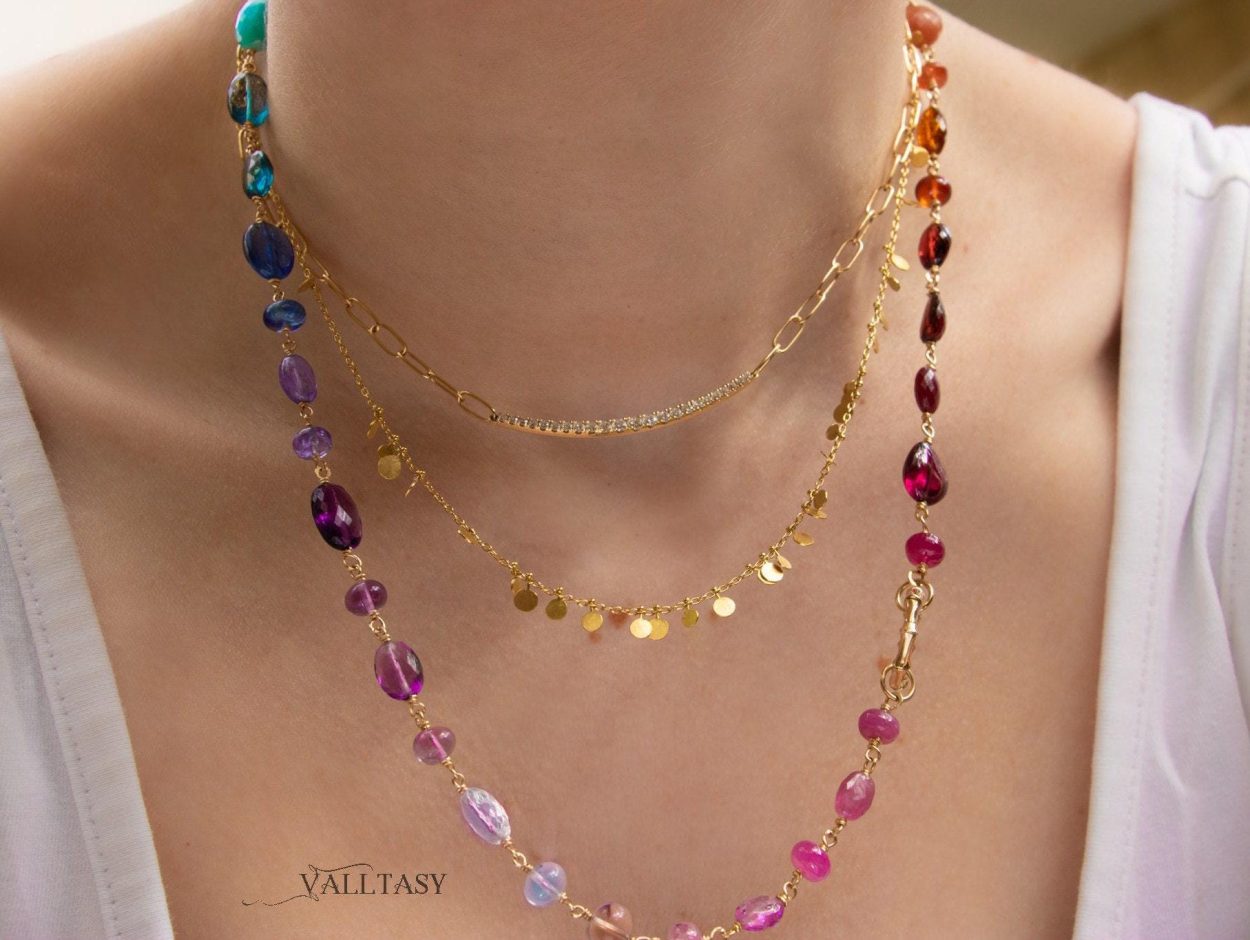- Solid Gold 14K Rainbow Necklace Wire Wrapped in Gold, Gemmy Necklace, Colorful Multi Stone Fancy Shaped Necklace