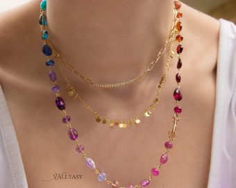 - Solid Gold 14K Rainbow Necklace Wire Wrapped in Gold, Gemmy Necklace, Colorful Multi Stone Fancy Shaped Necklace