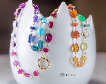 - Solid Gold 14K Rainbow Necklace Wire Wrapped in Gold, Gemmy Necklace, Colorful Multi Stone Fancy Shaped Necklace