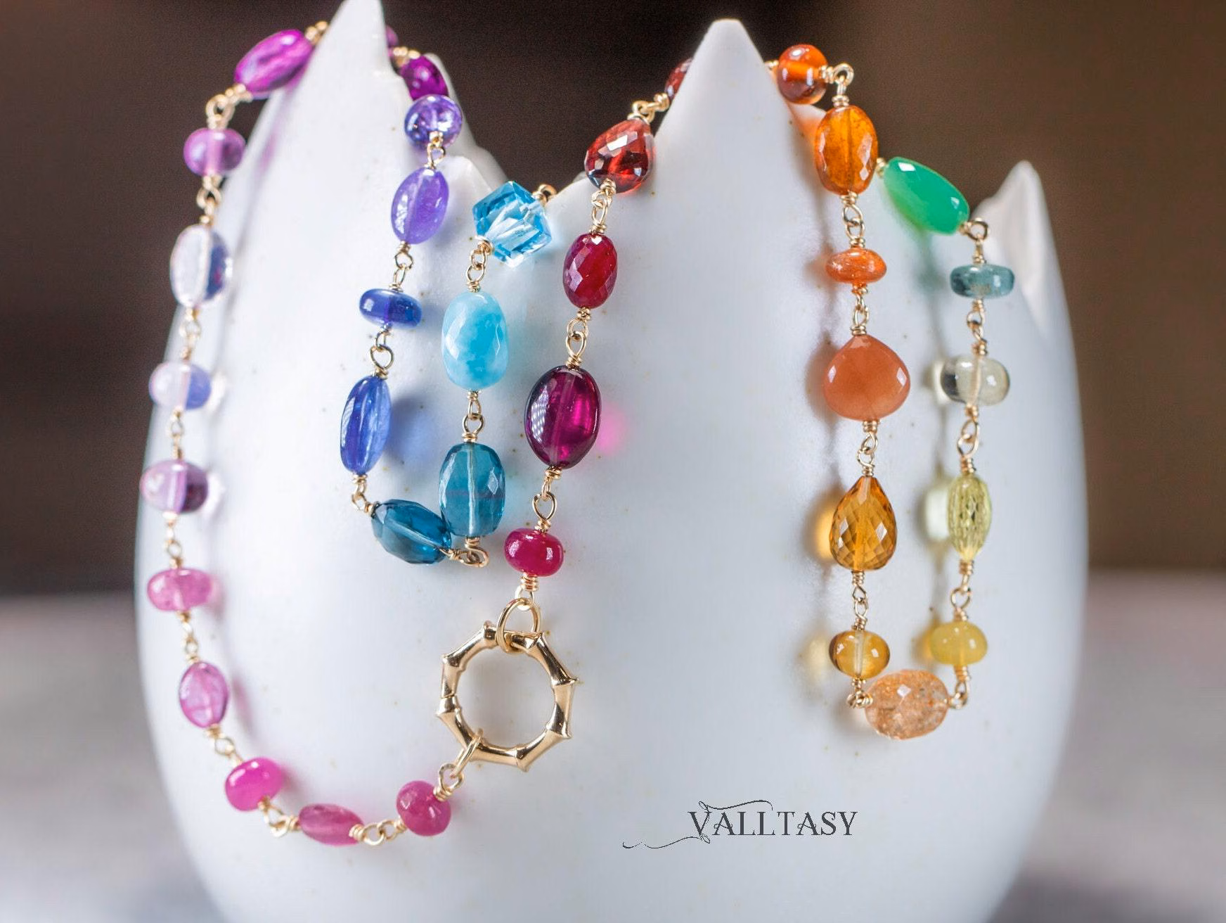 - Solid Gold 14K Rainbow Necklace Wire Wrapped in Gold, Gemmy Necklace, Colorful Multi Stone Fancy Shaped Necklace