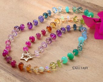 - Solid Gold 14K Rainbow Necklace Wire Wrapped in Gold, Gemmy Necklace, Colorful Multi Stone Long Necklace
