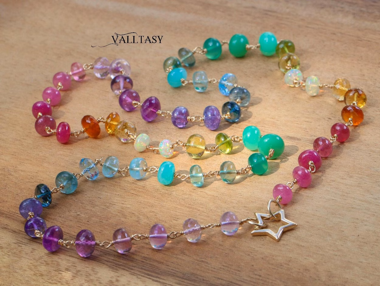 - Solid Gold 14K Rainbow Necklace Wire Wrapped in Gold, Gemmy Necklace, Colorful Multi Stone Long Necklace