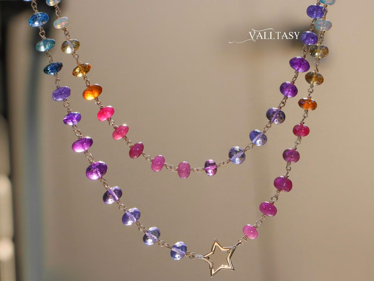 - Solid Gold 14K Rainbow Necklace Wire Wrapped in Gold, Gemmy Necklace, Colorful Multi Stone Long Necklace