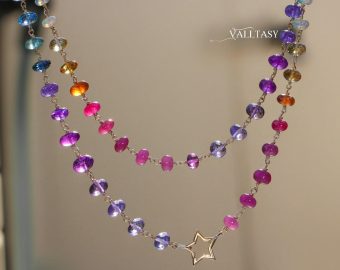 - Solid Gold 14K Rainbow Necklace Wire Wrapped in Gold, Gemmy Necklace, Colorful Multi Stone Long Necklace