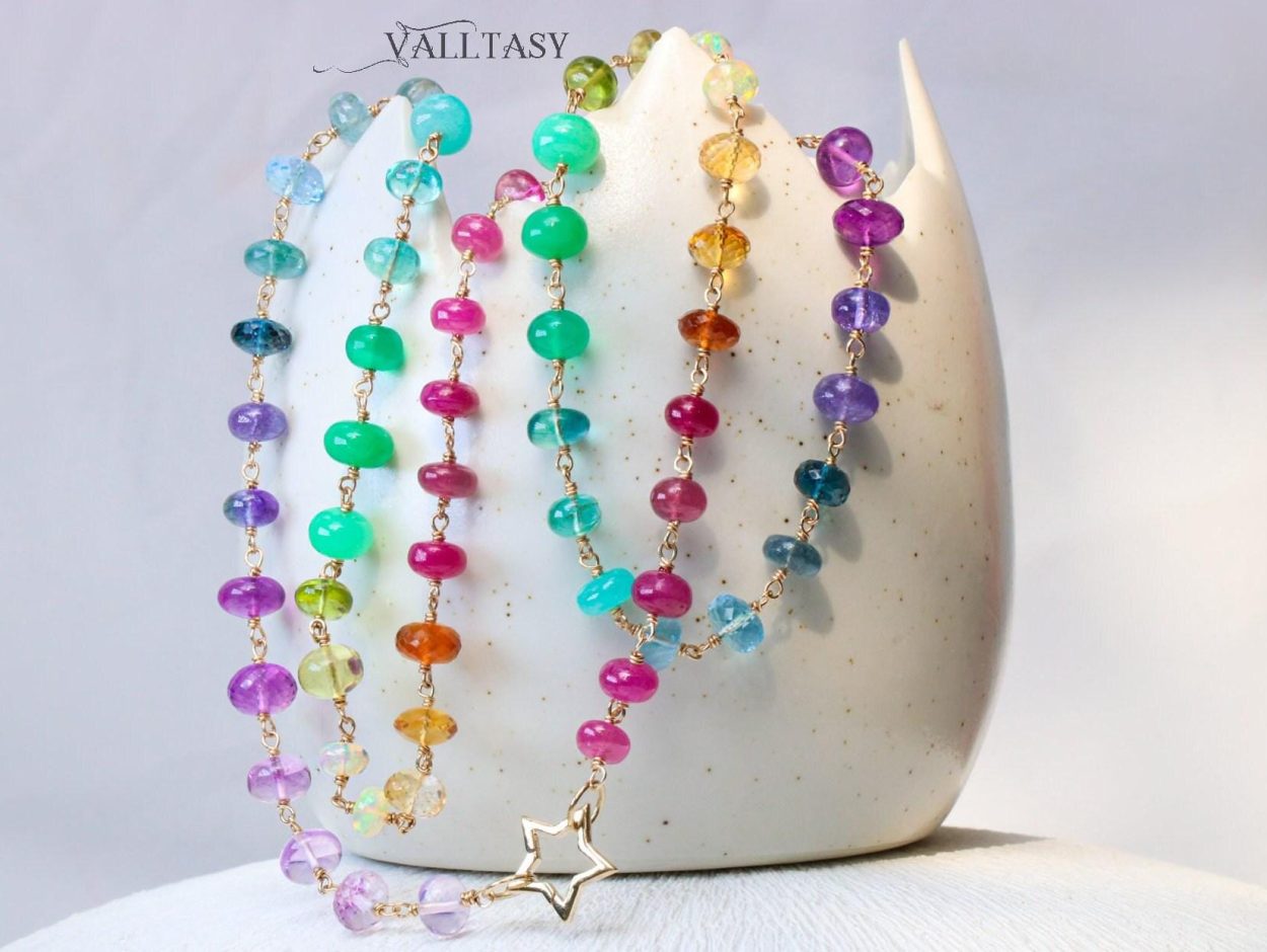 - Solid Gold 14K Rainbow Necklace Wire Wrapped in Gold, Gemmy Necklace, Colorful Multi Stone Long Necklace