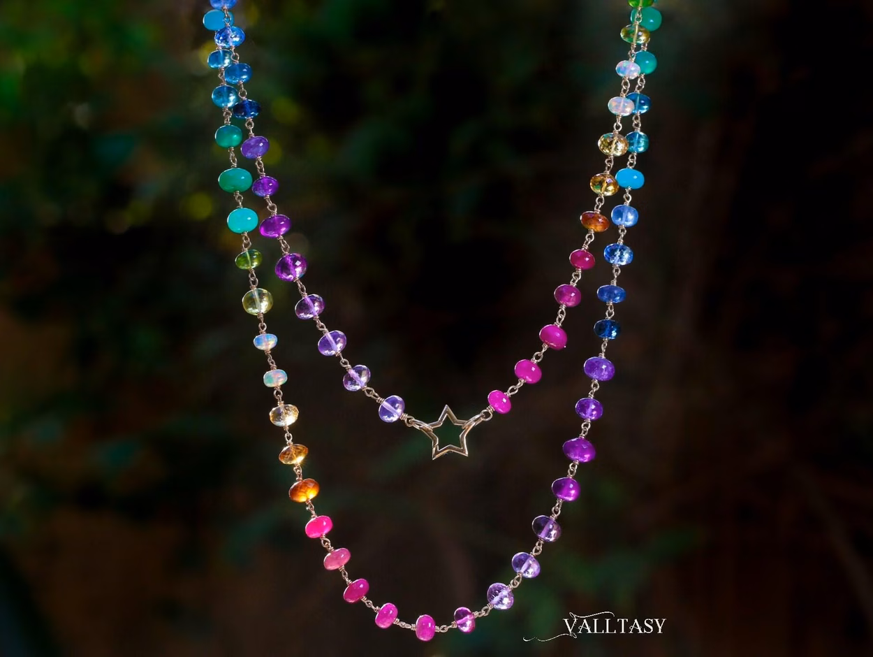 - Solid Gold 14K Rainbow Necklace Wire Wrapped in Gold, Gemmy Necklace, Colorful Multi Stone Long Necklace
