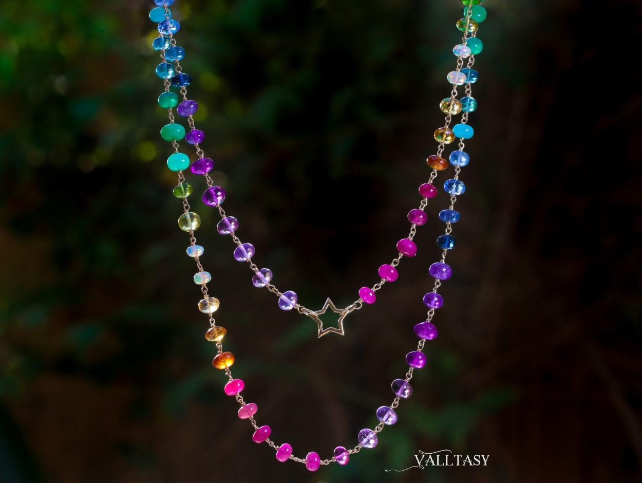 - Solid Gold 14K Rainbow Necklace Wire Wrapped in Gold, Gemmy Necklace, Colorful Multi Stone Long Necklace