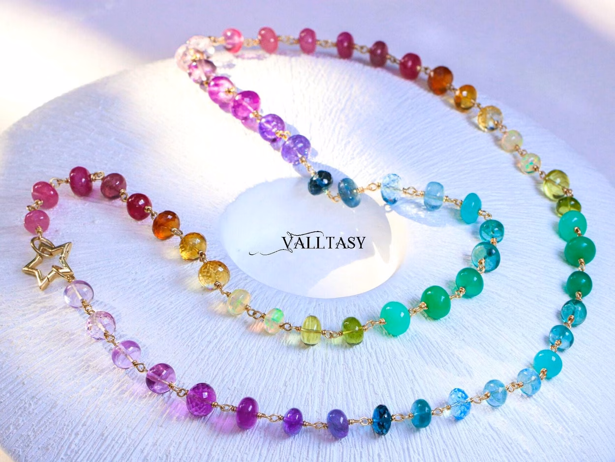 - Solid Gold 14K Rainbow Necklace Wire Wrapped in Gold, Gemmy Necklace, Colorful Multi Stone Long Necklace