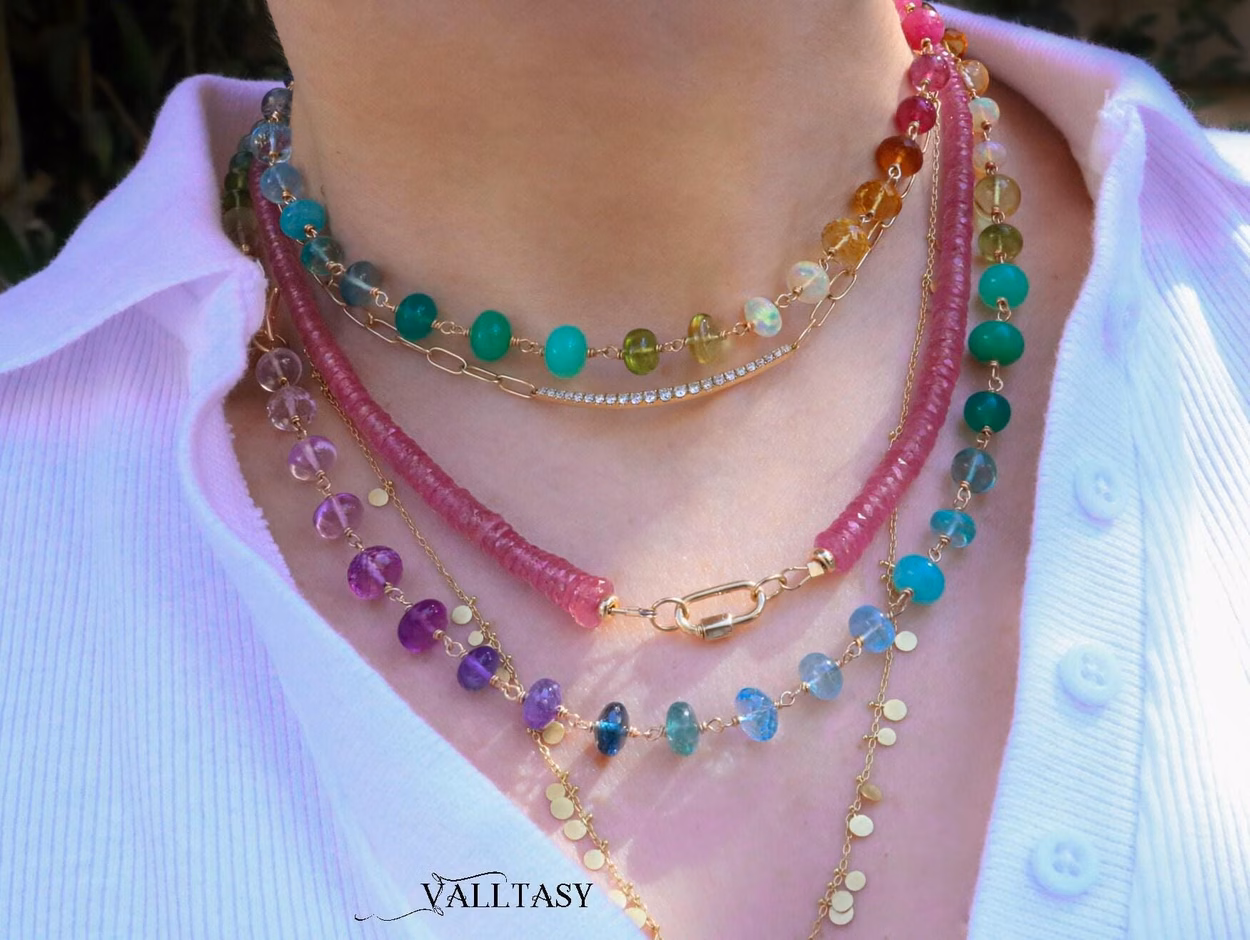 - Solid Gold 14K Rainbow Necklace Wire Wrapped in Gold, Gemmy Necklace, Colorful Multi Stone Long Necklace