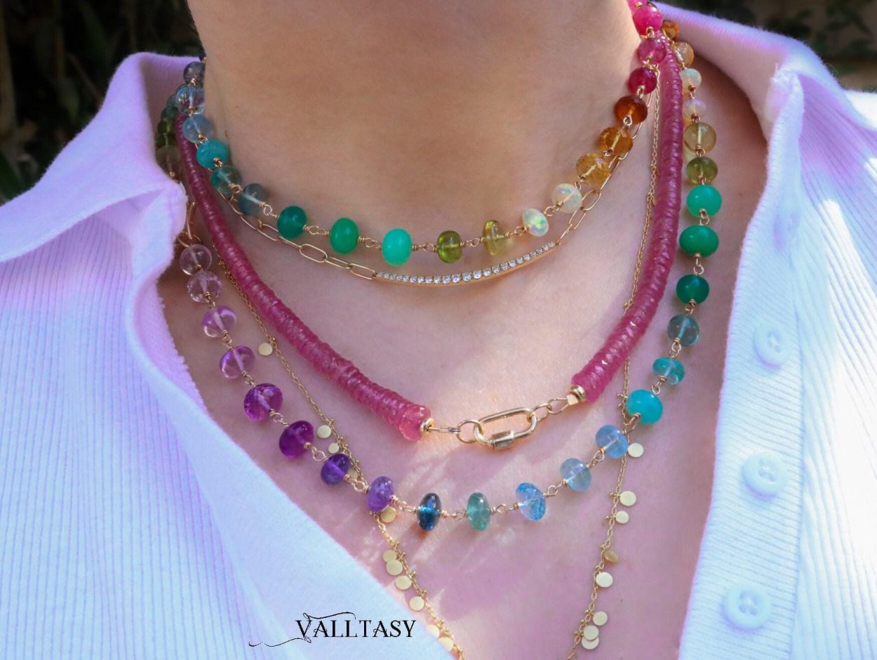 - Solid Gold 14K Rainbow Necklace Wire Wrapped in Gold, Gemmy Necklace, Colorful Multi Stone Long Necklace