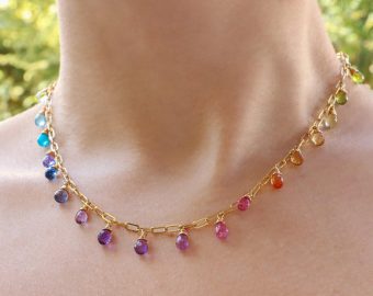 - Solid Gold 14K Rainbow Precious Drop Gemstone Necklace