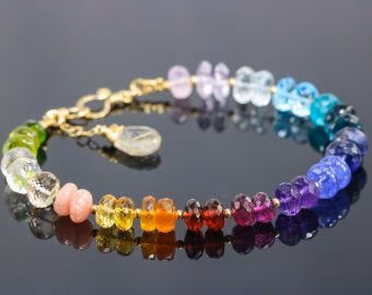 - Solid Gold 14K Rainbow Precious Gemstone Bracelet, Chakra Gemstone Bracelet