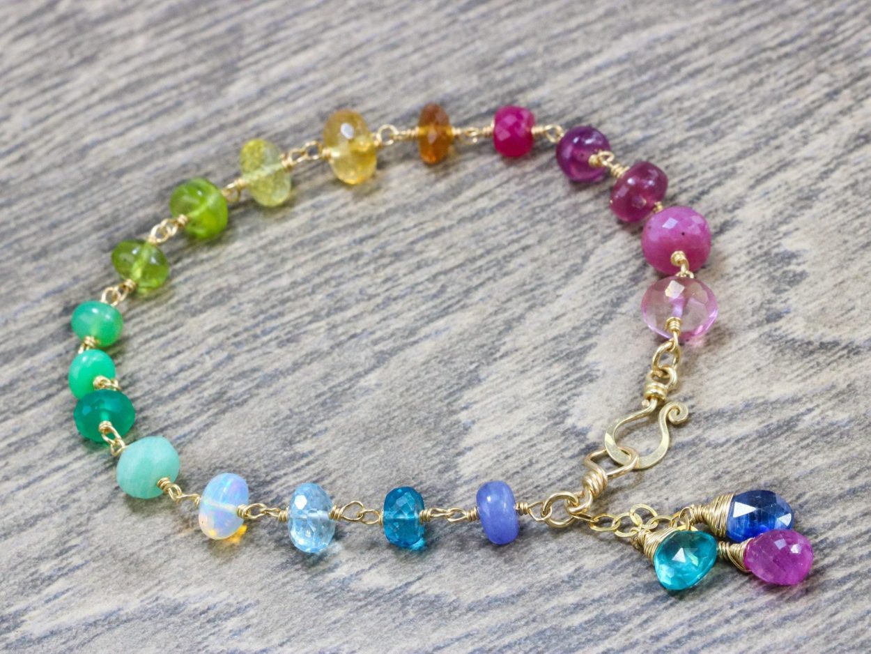- Solid Gold 14K Rainbow Precious Gemstone Wire Wrapped Bracelet