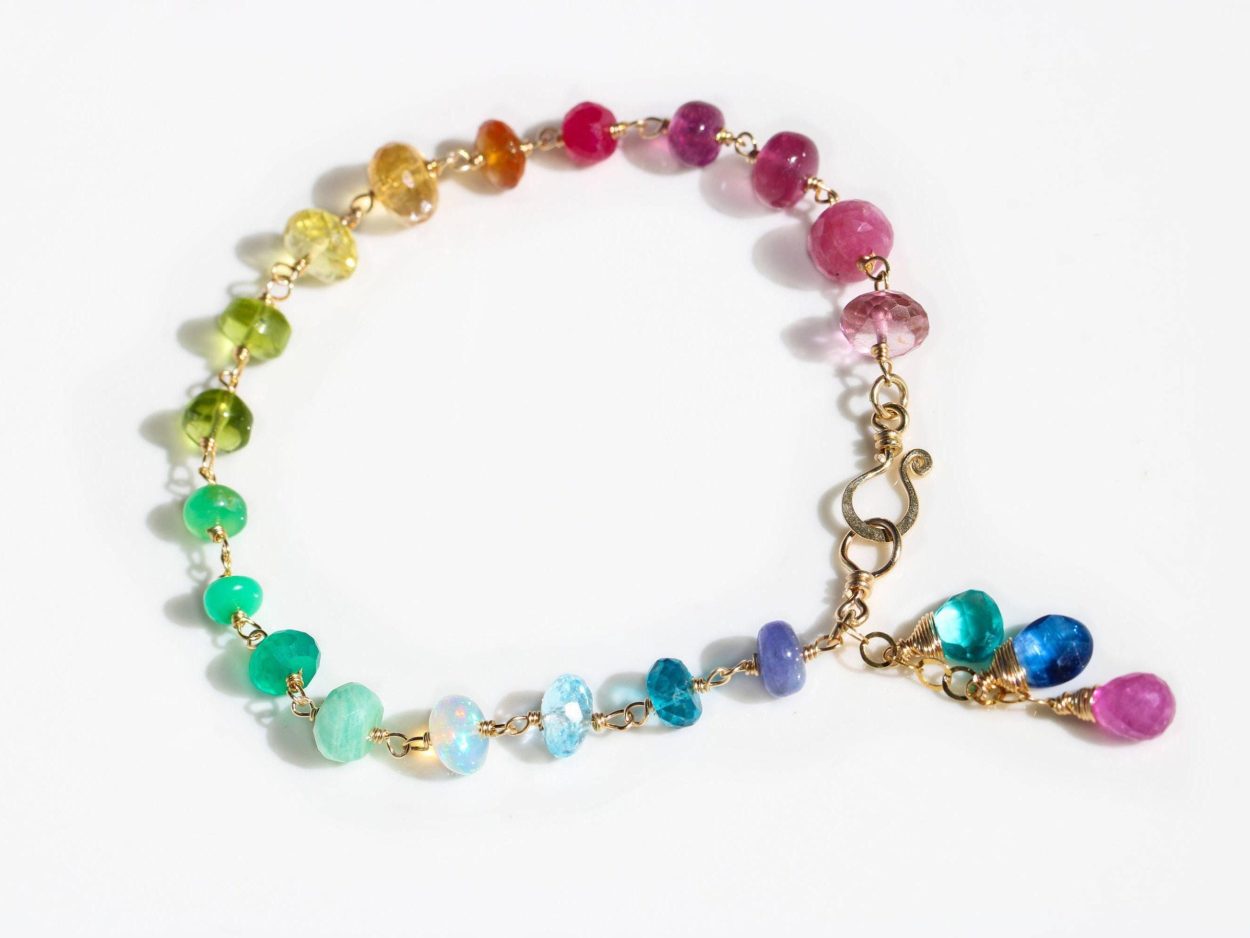 - Solid Gold 14K Rainbow Precious Gemstone Wire Wrapped Bracelet