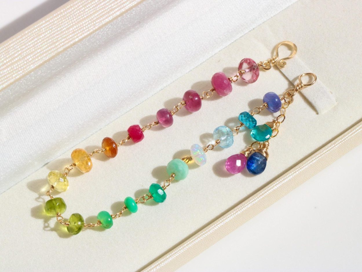 - Solid Gold 14K Rainbow Precious Gemstone Wire Wrapped Bracelet