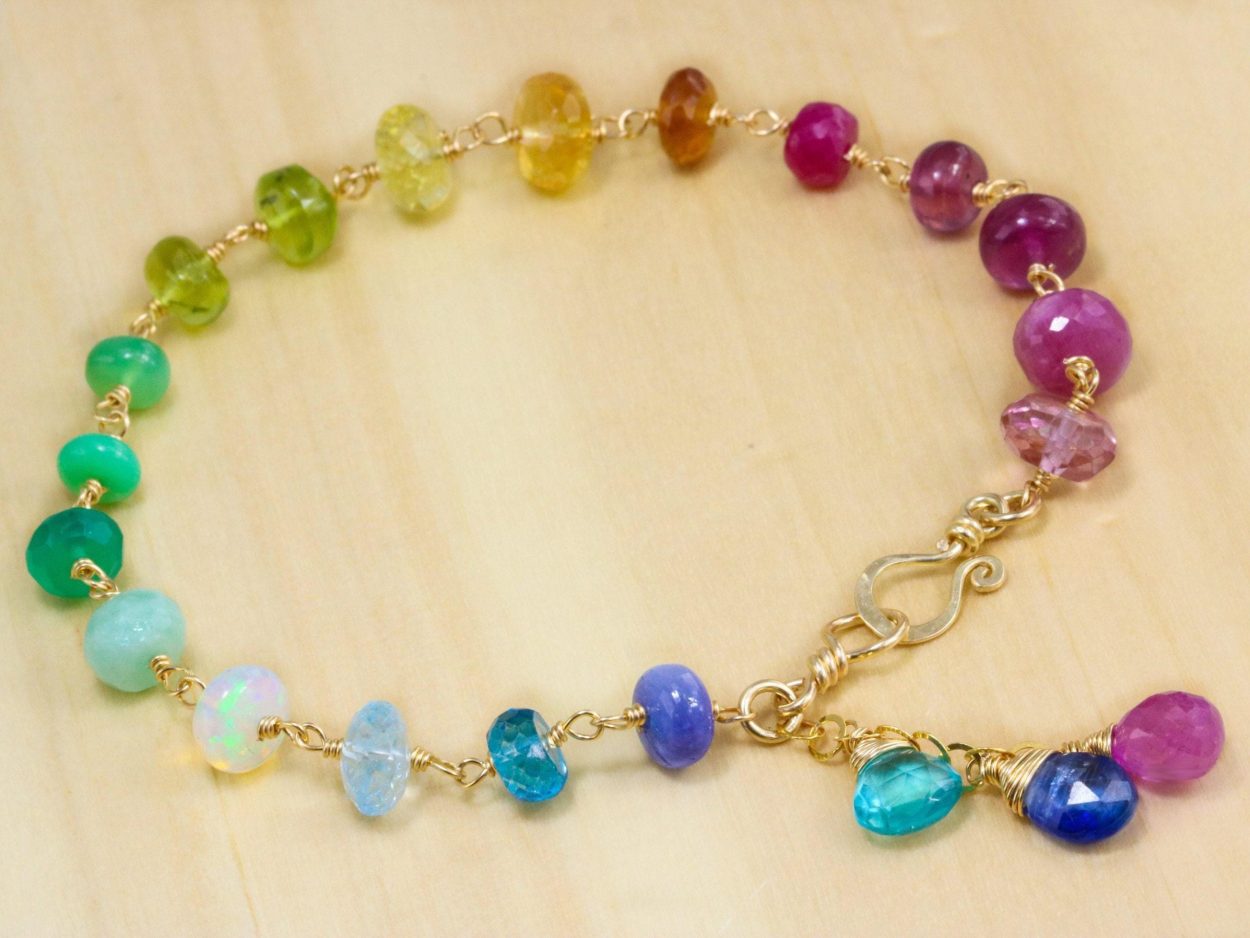 - Solid Gold 14K Rainbow Precious Gemstone Wire Wrapped Bracelet