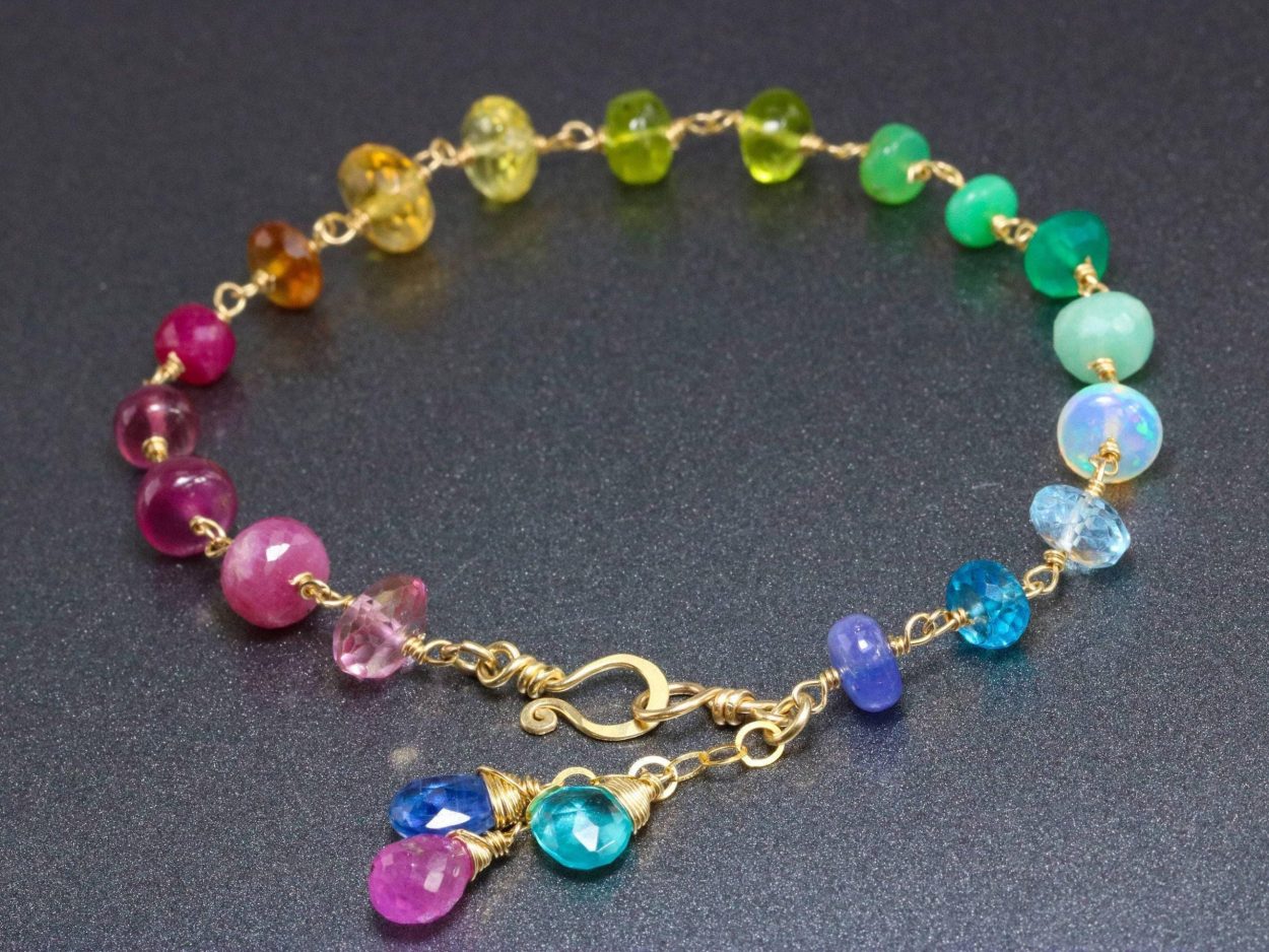 - Solid Gold 14K Rainbow Precious Gemstone Wire Wrapped Bracelet