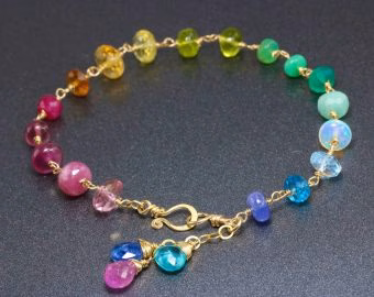 - Solid Gold 14K Rainbow Precious Gemstone Wire Wrapped Bracelet