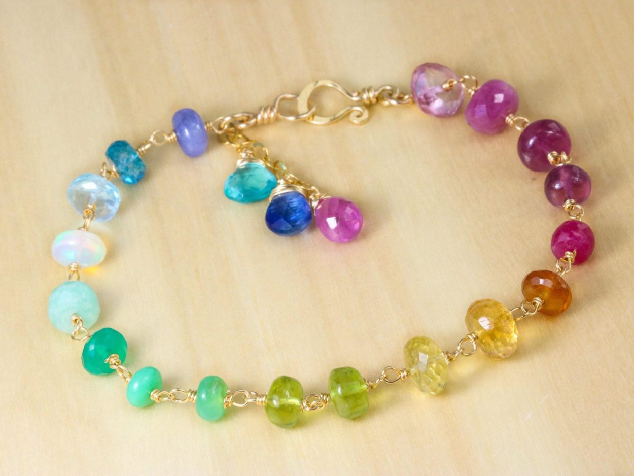 - Solid Gold 14K Rainbow Precious Gemstone Wire Wrapped Bracelet