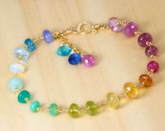 - Solid Gold 14K Rainbow Precious Gemstone Wire Wrapped Bracelet