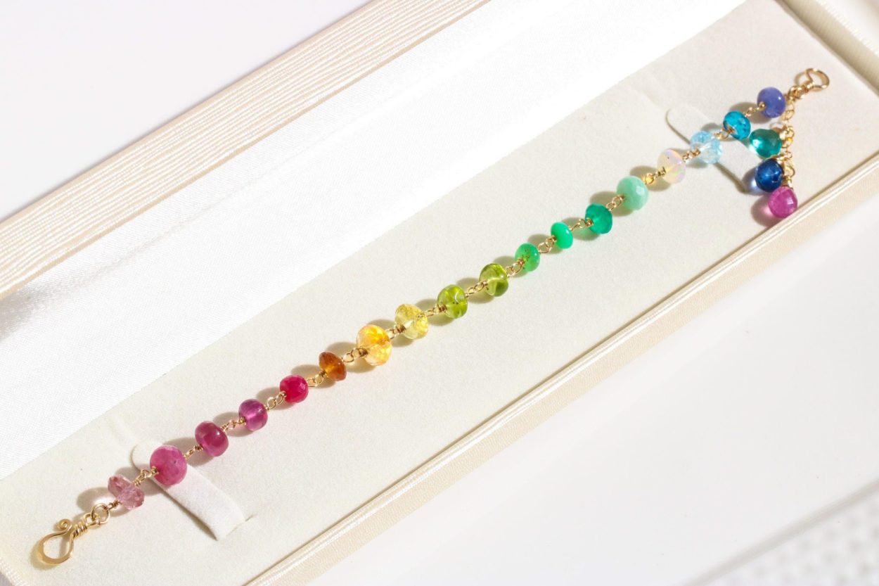 - Solid Gold 14K Rainbow Precious Gemstone Wire Wrapped Bracelet