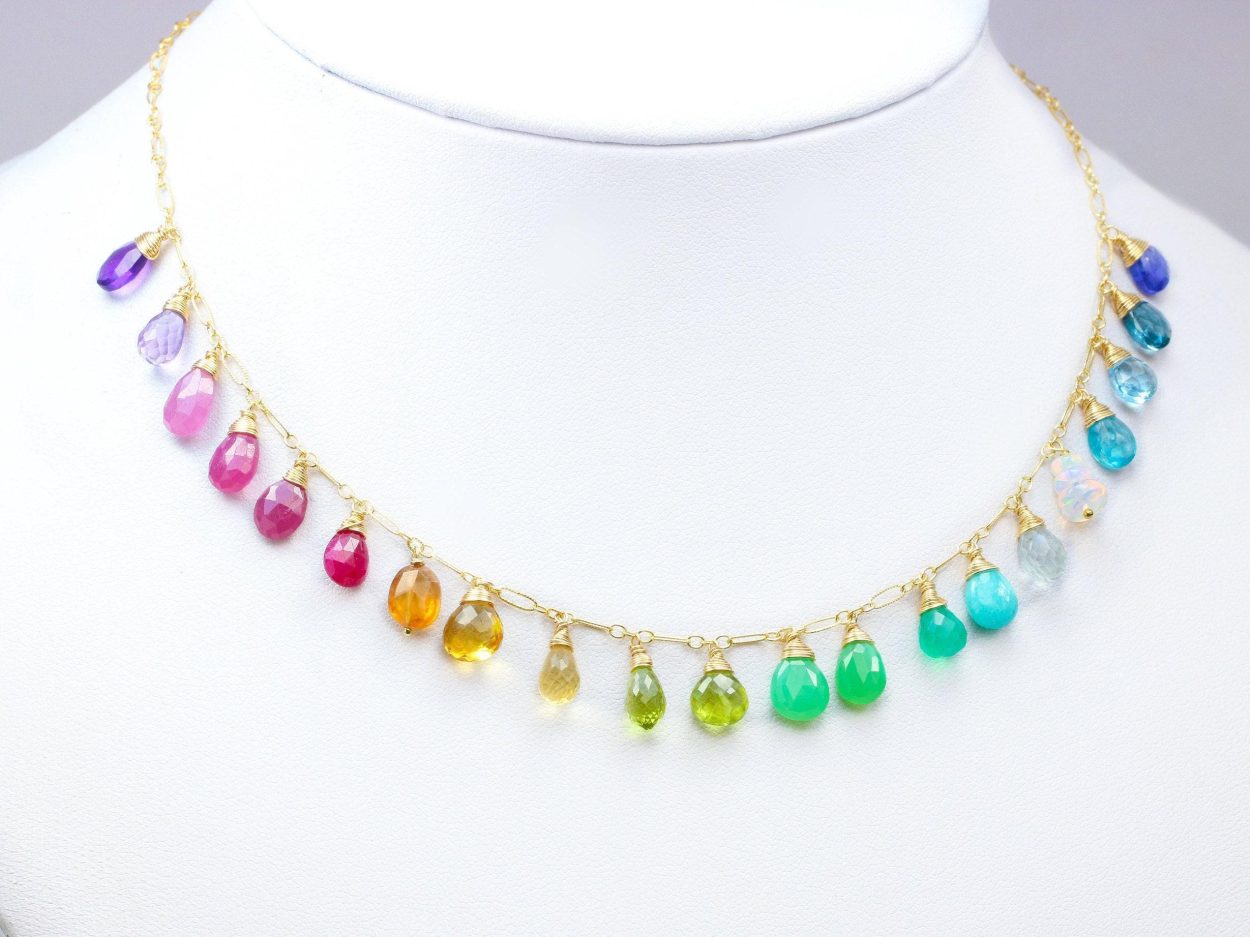 - Solid Gold 14K Rainbow Precious Gemstone Wire Wrapped Bracelet