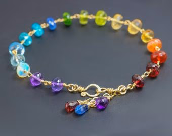 - Solid Gold 14K Rainbow Precious Gemstone Wire Wrapped Bracelet