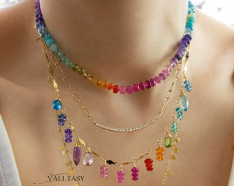 - Solid Gold 14K Rainbow Silk Knotted Necklace, Multi Gemstone Necklace with a Repeating Rainbow
