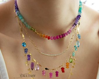 - Solid Gold 14K Rainbow Silk Knotted Necklace, Multi Gemstone Necklace with a Repeating Rainbow
