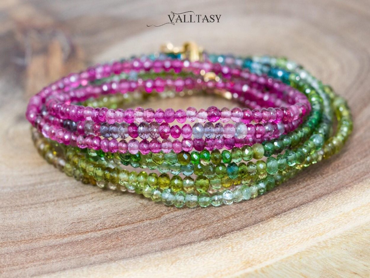 - Solid Gold 14K Rainbow Tourmaline Multi Wrap Bracelet Necklace, Layered Bracelet, Layered Necklace, One of a Kind