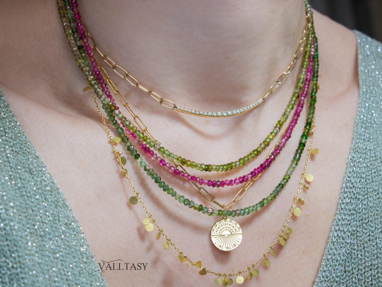 - Solid Gold 14K Rainbow Tourmaline Multi Wrap Bracelet Necklace, Layered Bracelet, Layered Necklace, One of a Kind