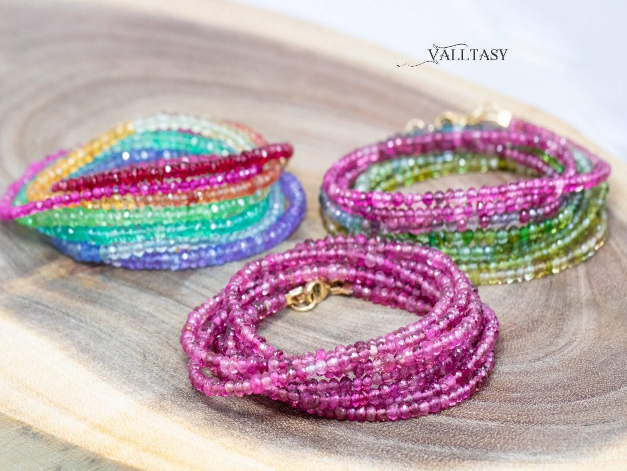 - Solid Gold 14K Rainbow Tourmaline Multi Wrap Bracelet Necklace, Layered Bracelet, Layered Necklace, One of a Kind