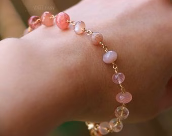 - Solid Gold 14K Rhodochrosite, Morganite and Peach Moonstone Gemstone Bracelet