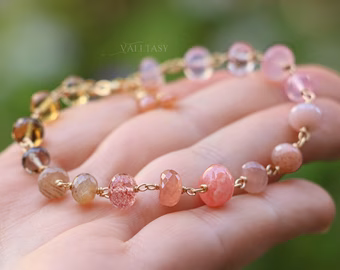 - Solid Gold 14K Rhodochrosite, Morganite and Peach Moonstone Gemstone Bracelet