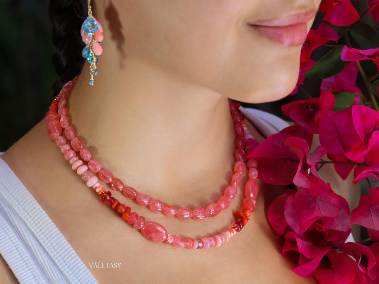 - Solid Gold 14K Rhodochrosite Necklace, Summer Peach Beaded Necklace