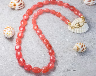 - Solid Gold 14K Rhodochrosite Necklace, Summer Peach Beaded Necklace