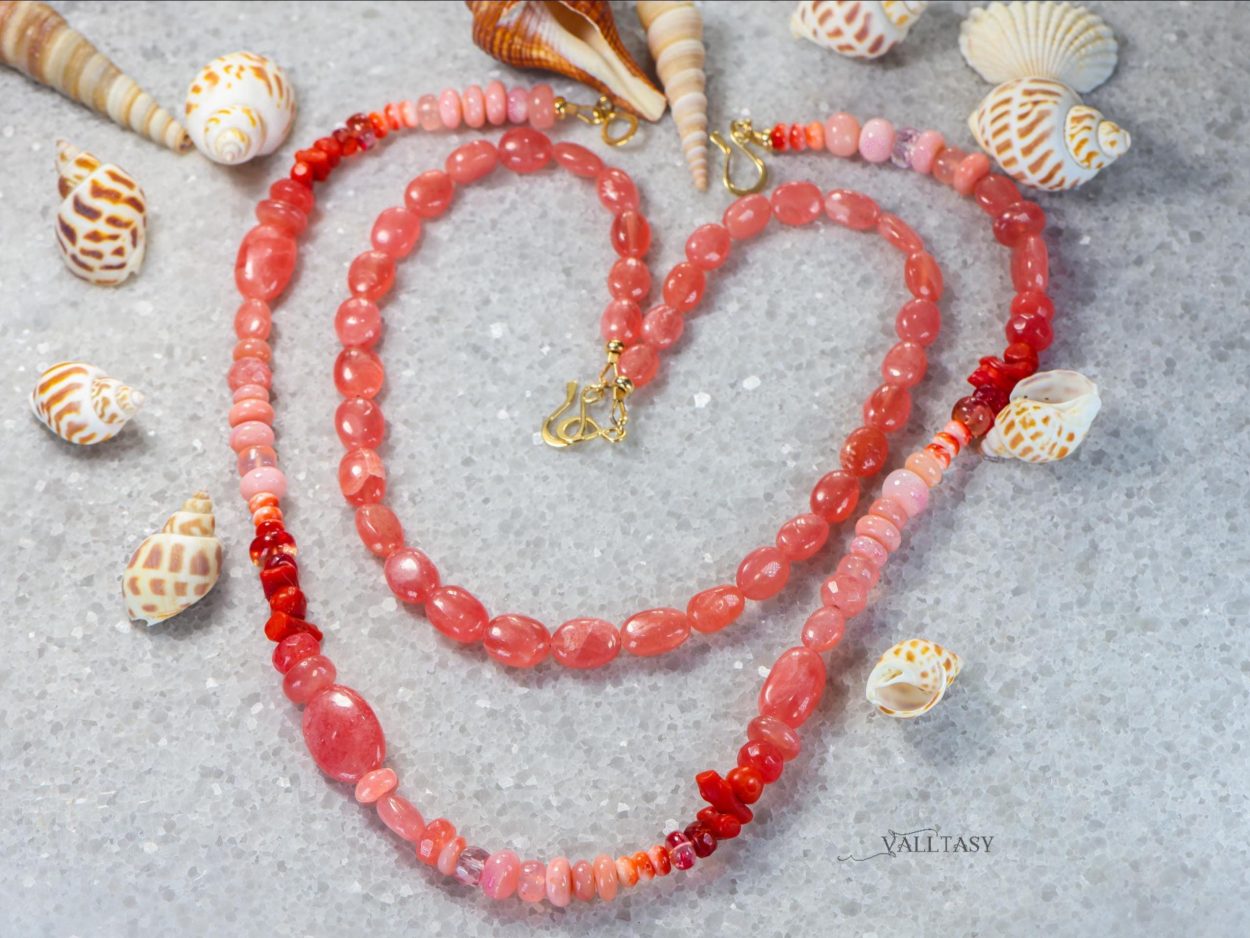 - Solid Gold 14K Rhodochrosite Necklace, Summer Peach Beaded Necklace