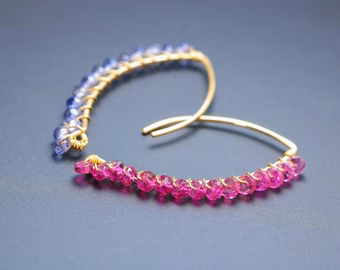 - Solid Gold 14K Rubellite Pink Tourmaline and Iolite Open Hoops, Mismatched Earrings Set