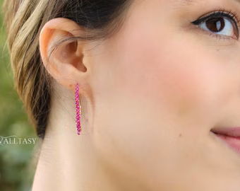 - Solid Gold 14K Rubellite Pink Tourmaline and Iolite Open Hoops, Mismatched Earrings Set