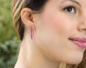 - Solid Gold 14K Rubellite Pink Tourmaline Earrings, Modern Linear Gemstone Earrings